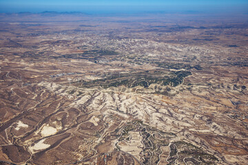 Aerial view from plane window with Moglia Wind Farm in Cyprus island country - obrazy, fototapety, plakaty