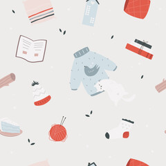 Hygge seamless pattern with cozy things - socks, books, sweets, craft items, knittead sweater and cat
