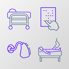 Fototapeta premium Set line Patient with broken leg, Hearing aid, Braille and Stretcher icon. Vector