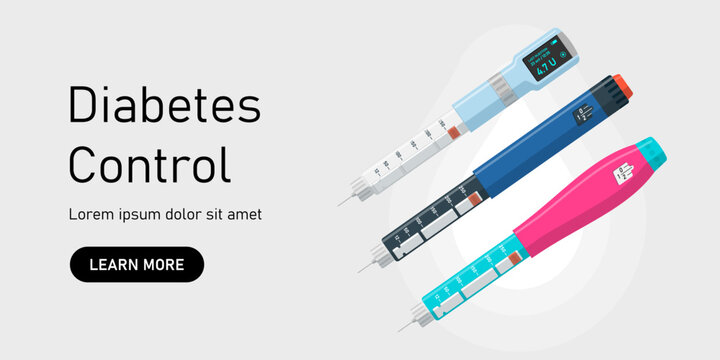 Insulin injection pen set on website banner. Hormone syringes poster. Diabetes control injector landing page. Medical devices for diabetic patients. Medicine shot for high blood sugar people. Vector