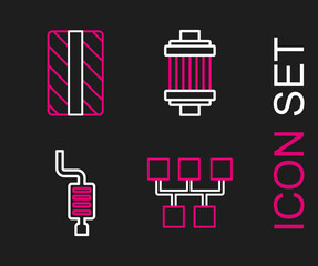 Set line Gear shifter, Car muffler, air filter and tire wheel icon. Vector