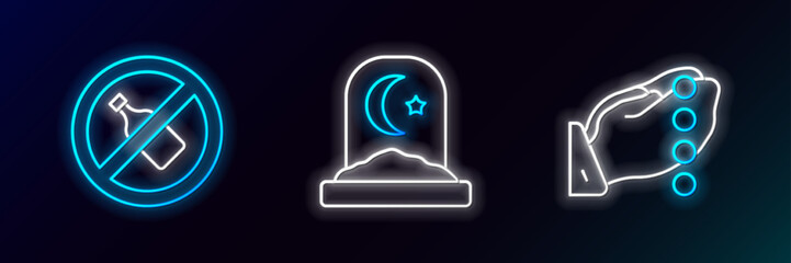 Set line Hands in praying position, No alcohol and Muslim cemetery icon. Glowing neon. Vector