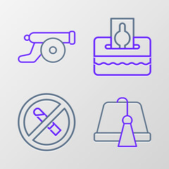 Set line Turkish hat, No Smoking, Donate or pay your zakat and Ramadan cannon icon. Vector