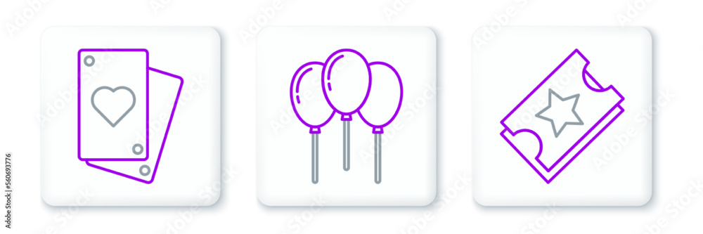 Poster Set line Ticket, Playing card and Balloons with ribbon icon. Vector