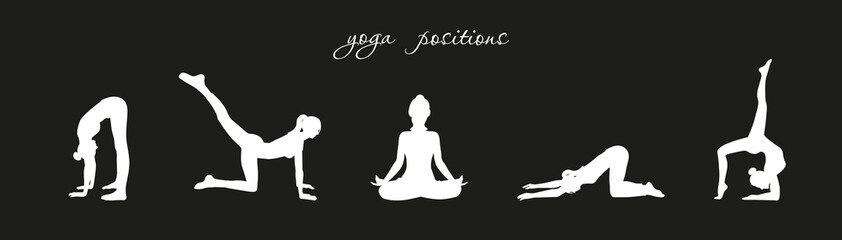 Fototapeta na wymiar Five different yoga pilates positions set on black background. White women silhouette