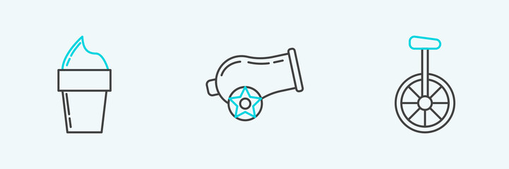 Set line Unicycle or one wheel bicycle, Ice cream in waffle cone and Cannon icon. Vector © Oksana