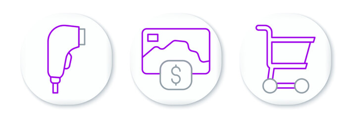 Set line Shopping cart, Scanner scanning bar code and Credit card icon. Vector