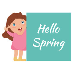 Hello Spring. a girl holds a banner with the text. Vector