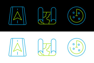 Set line Radar with targets on monitor, City map navigation and Folded icon. Vector