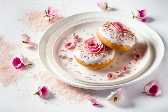 Donuts with pink frosting and rose petals for Valentine's Day, Mothers Day or Birthday. Generative AI illustration