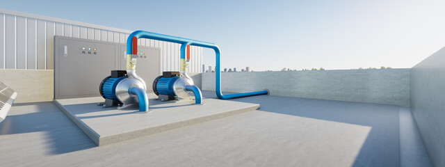 3d rendering of water pump station on rooftop of water tank. Include centrifugal pump, electric motor, pipeline, valve and electrical control box. Machine in industrial work for distribution water.
