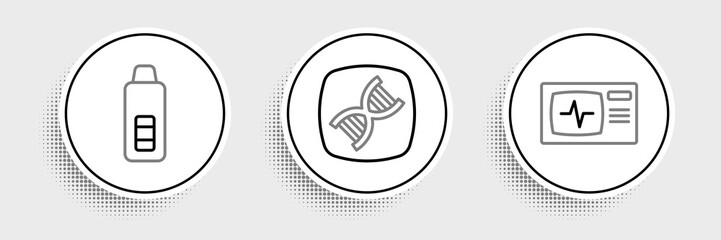 Set line Monitor with cardiogram, Digital thermometer and DNA symbol icon. Vector