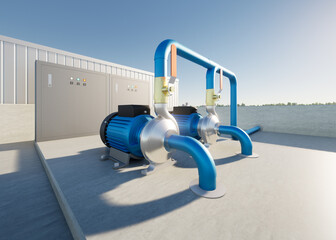 3d rendering of water pump station on rooftop of water tank. Include centrifugal pump, electric...