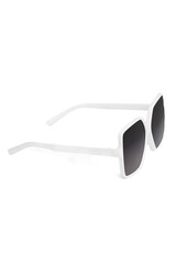 Close-up shot of oversized sunglasses with black lenses. Square sunglasses with a white frame are isolated on a white background. Side view.