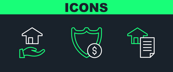 Set line House contract, Realtor and Shield with dollar icon. Vector