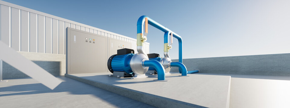 3d rendering of water pump station on rooftop of water tank. Include centrifugal pump, electric motor, pipeline, valve and electrical control box. Machine in industrial work for distribution water.
