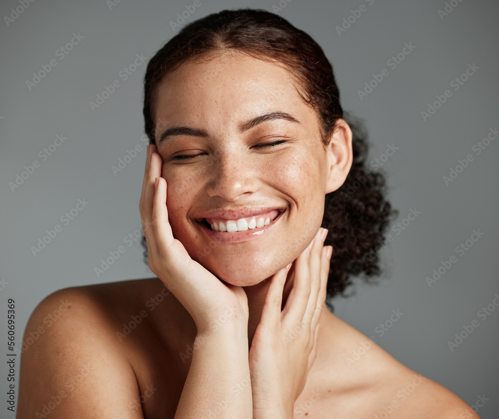 Wall mural face, beauty and satisfaction with a model black woman in studio on a gray background to promote nat