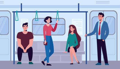 People ride in public transport. Subway, bus, men and women sit and stand. Vector illustration, flat.
