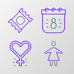 Set line Female, Feminism, Calendar with 8 March and Condom package icon. Vector