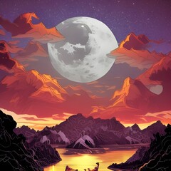 Luna llena sobre lago generada por inteligencia artificial.