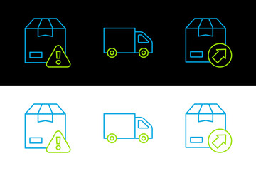 Set line Carton cardboard box, Delivery security with shield and cargo truck icon. Vector