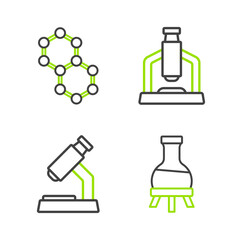 Set line Test tube, Microscope, and Molecule icon. Vector