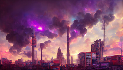 3D art, Dystopic cyberpunk city with smoke and purple sky
