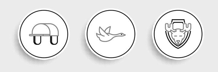Set line Moose head on shield, Hunter hat and Flying duck icon. Vector