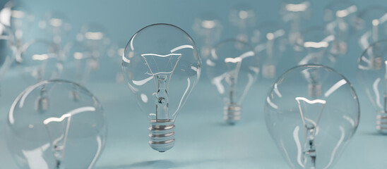 Electric Bulbs on blue background. Selective focus. 3D Rendering