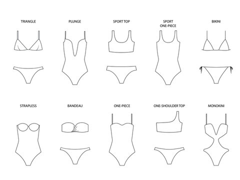 Types of women's swimwear - one-piece and separate. Vector illustration isolated on white background