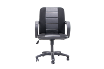 Office Chair black. Front photo chair structure empty for office and player from vertical with leather seat supporting structure of body. used around the world. isolated cutout PNG.	