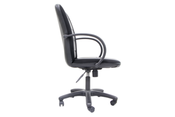 SOffice Chair black. Side photo chair structure empty for office and player from vertical with leather seat supporting structure of body. used around the world. isolated cutout PNG.	