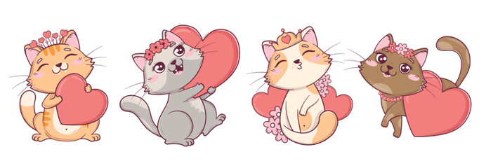 Collection of kawaii cute valentine cats in different poses with hearts and flowers