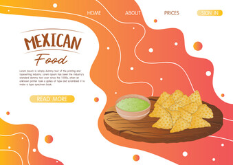 Website landing page template with mexican dish nachos with guacamole sauce on a wooden tray. Fast food restaurant and street food snacks, meat tortillas, takeaway food delivery