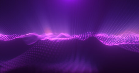 Abstract glowing purple magic energy wave from particles and dots bright shiny on a dark blue background. Abstract background