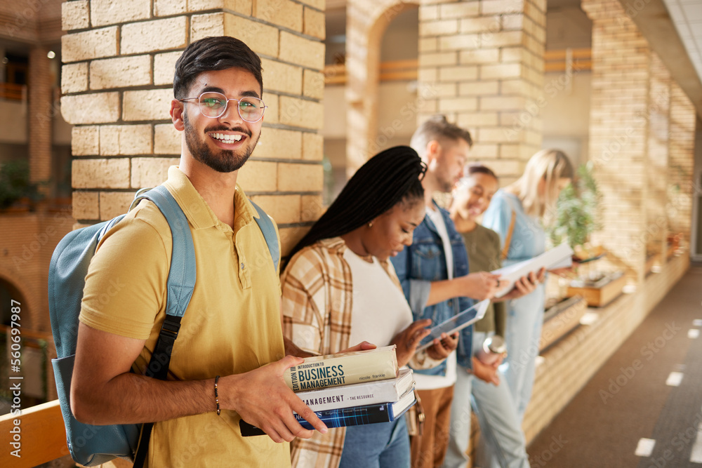 Aufkleber university, hallway and portrait of indian man and students standing in row together with books at b