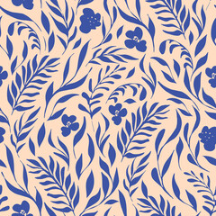 Shapes of Blue Plants. Decorative vector seamless pattern. Repeating background. Tileable wallpaper print.