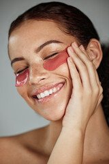 Black woman, eyes patch and facial beauty wellness, cosmetics dermatology and closed eye or...