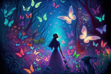 Woman lost in the magical forest. illustrator. Concept art. Generative AI