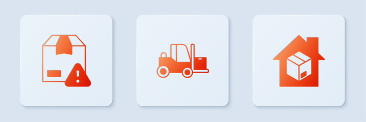 Set Forklift truck, Delivery security with shield and Home delivery services. White square button. Vector