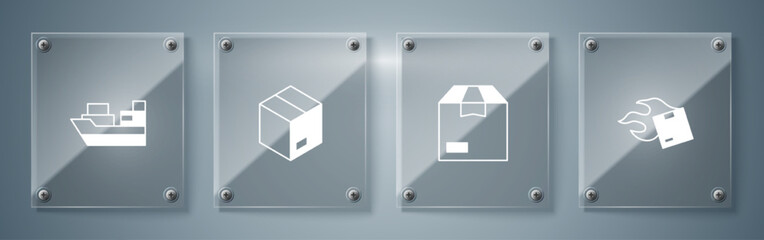 Set Carton cardboard box, and Cargo ship with boxes delivery. Square glass panels. Vector