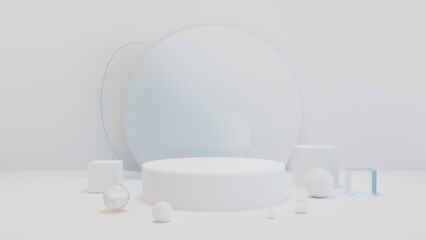 Minimal modern product display 3d podium and shapes background in white colors with glass 