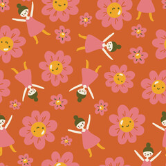 Smiling flowers and happy girl seamless pattern on red