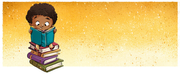 African American boy happily reading a book on a stack of books - 560699346