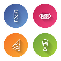 Set line Candy, Hotdog sandwich, Slice of pizza and Chicken leg. Color circle button. Vector
