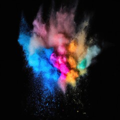 Obraz na płótnie Canvas Explosion of colorful powder isolated on dark black background. Holi paint color dust explode in freeze motion. Abstract multi color party paint splash. Rainbow smoke powder texture. Generative AI art