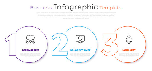 Set line Heart, Like and heart and Bottle with love potion. Business infographic template. Vector