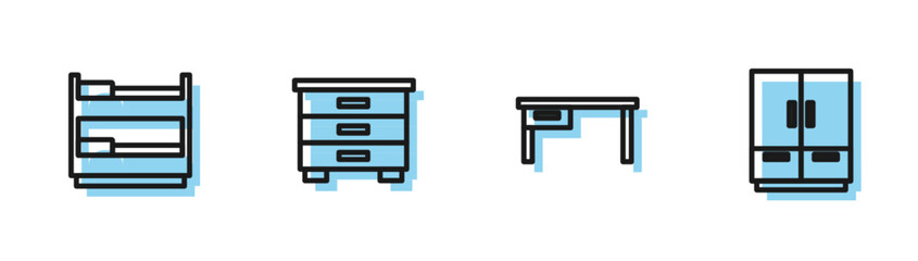 Set line Office desk, Bunk bed, Furniture nightstand and Wardrobe icon. Vector