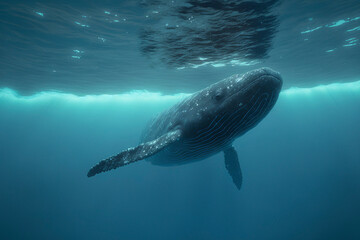 Naklejka premium A Baby Humpback Whale Plays Near the Surface in Blue Water. generative ai