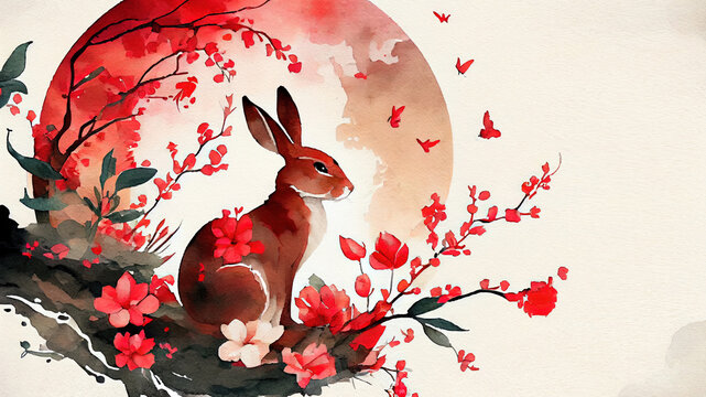 Chinese new year 2023 greeting card with rabbit zodiac sign, Traditional oriental watercolor style.AI generative